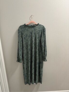 Textured Sage Green Midi Dress with Ruffle Neck